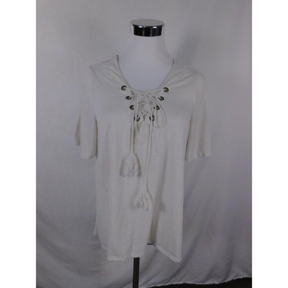 Lace Up Tassel Crochet Peasant Shirt Womens Large White Tunic Boho - Picture 1 of 11